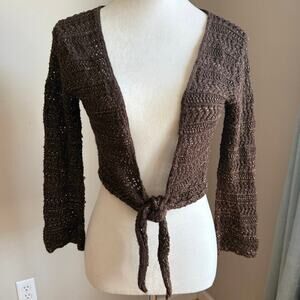 Wet Seal Vintage Y2K Brown Open Knit Metallic Tie Cardigan Size L Festival Boho